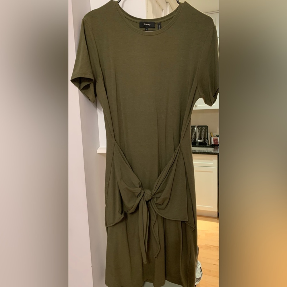 Theory olive green casual tie front shirt dress- size L